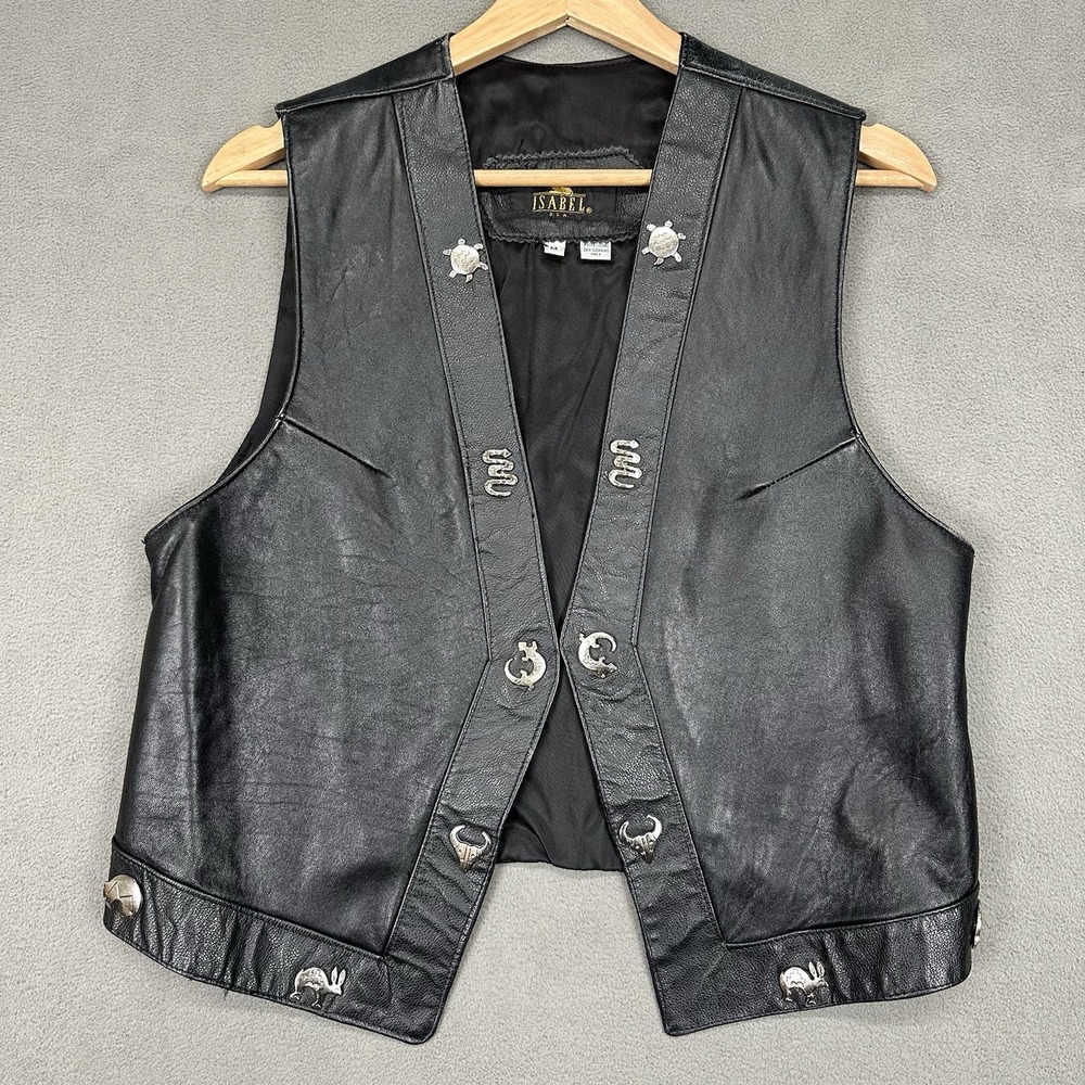 Vintage Isabel Western Black Leather Vest M Concho Biker Cowboy Southwestern USA